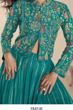Teal Vichitra Silk Long Sleeves Lehenga with Sequins Embroidery Work - hem and footwear detail