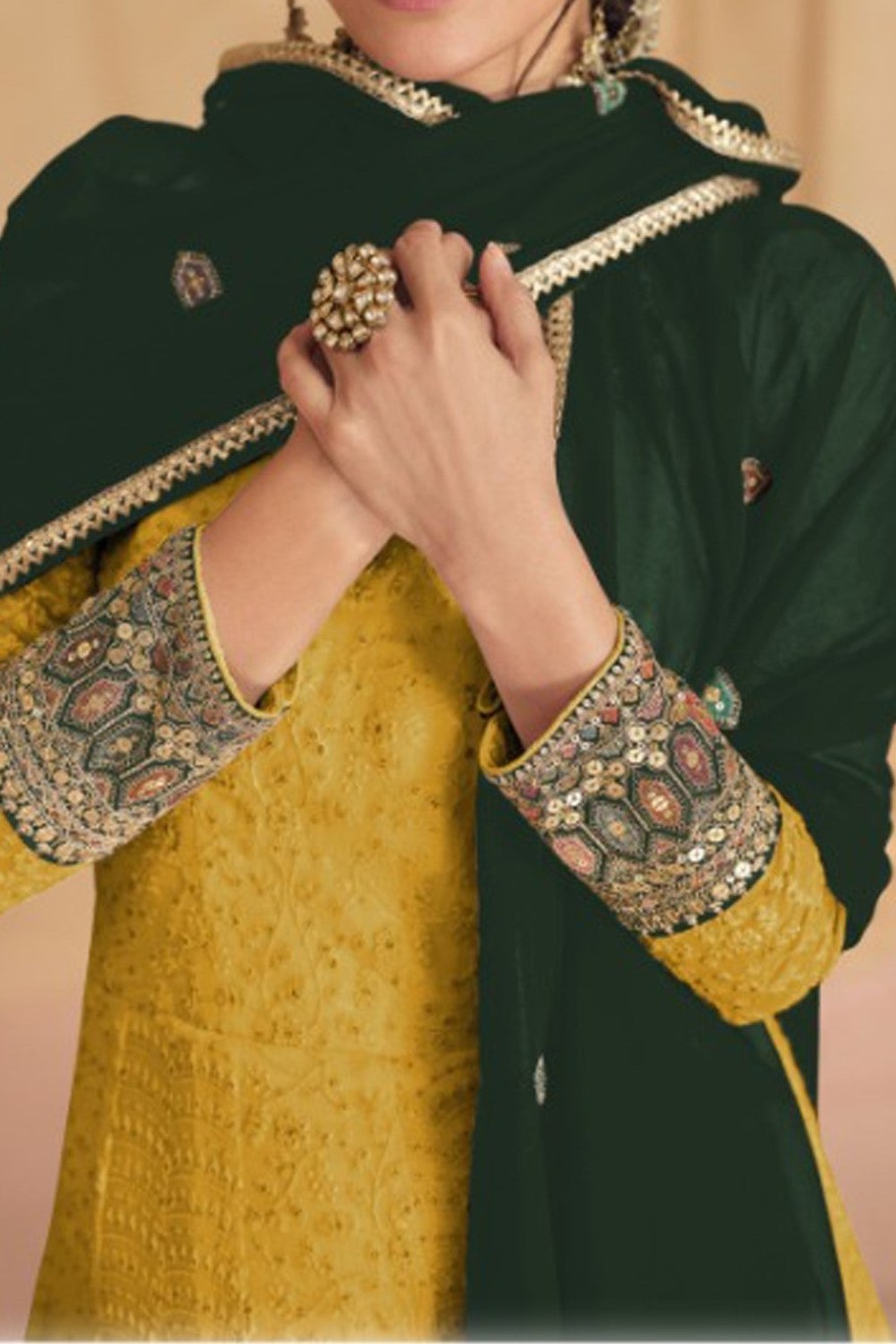 Mustard Georgette Anarkali Style Bridal Gown in India for Haldi - Thread & Sequence Embroidery Work - hem and footwear detail