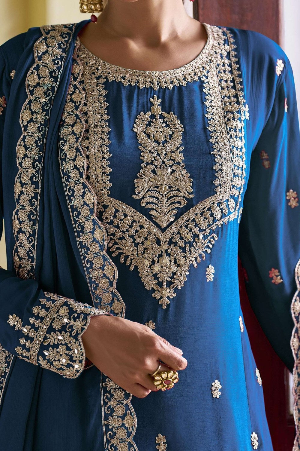 Blue Chinon Silk Kameez With Pant For Indian & Pakistani Wedding Festival - Sequins Embroidery Work, Dori Work - hem and footwear detail
