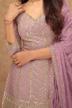 Dusty Pink Chinon Silk Plazo Suit For Indian Weddings & Pakitani Festival - Embroidery Work - hem and footwear detail