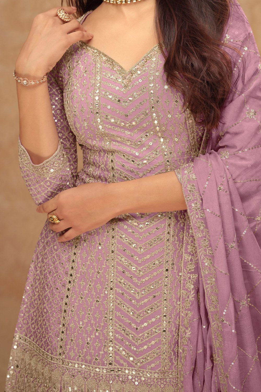 Dusty Pink Chinon Silk Plazo Suit For Indian Weddings & Pakitani Festival - Embroidery Work - hem and footwear detail