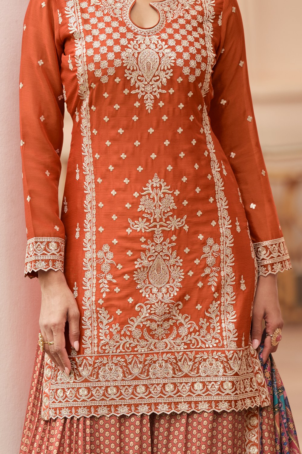 Orange Chinon Silk Indian Palazzo Suit with Print & Embroidery Work - hem and footwear detail