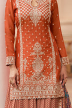 Orange Chinon Silk Indian Palazzo Suit with Print & Embroidery Work - hem and footwear detail