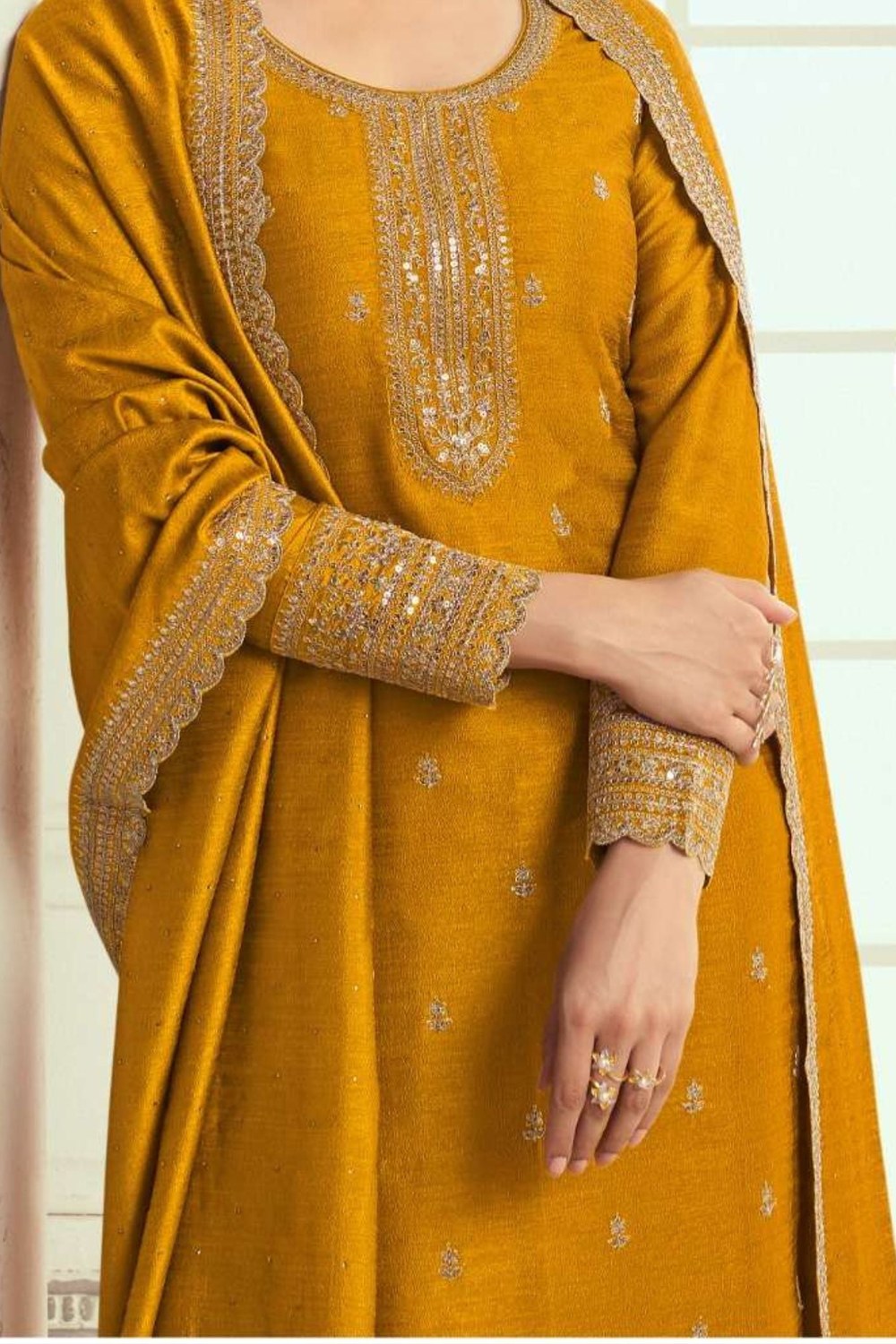 Mustard Georgette Silk Kameez with Pant Suit For Indian Festivals & Pakistani Weddings Dress - Thread Embroidery Work - hem and footwear detail
