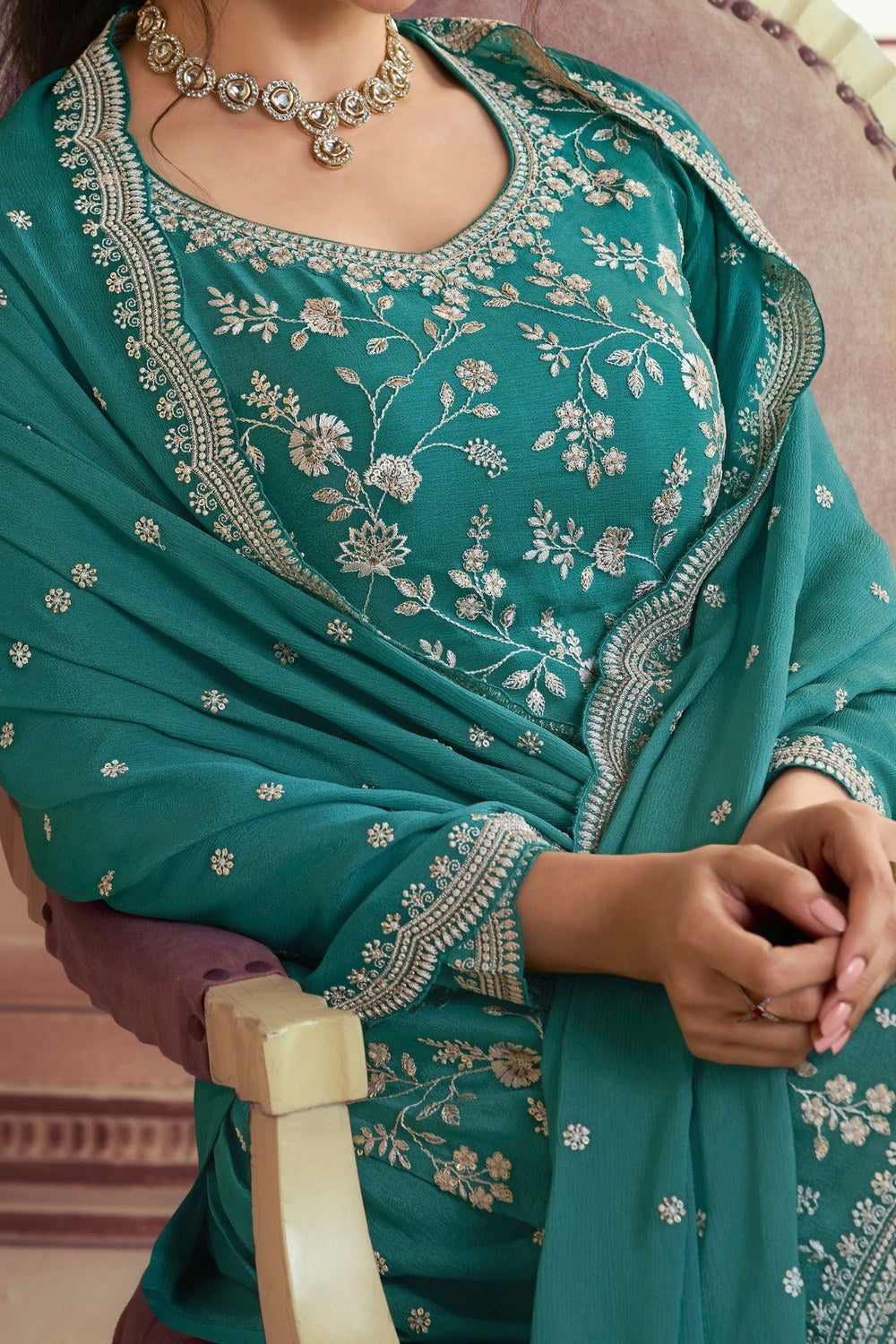 Teal Chinon Silk Palazzo Suit For Indian Festivals & Pakistani Plazo Wedding Dress - Embroidery Work - hem and footwear detail