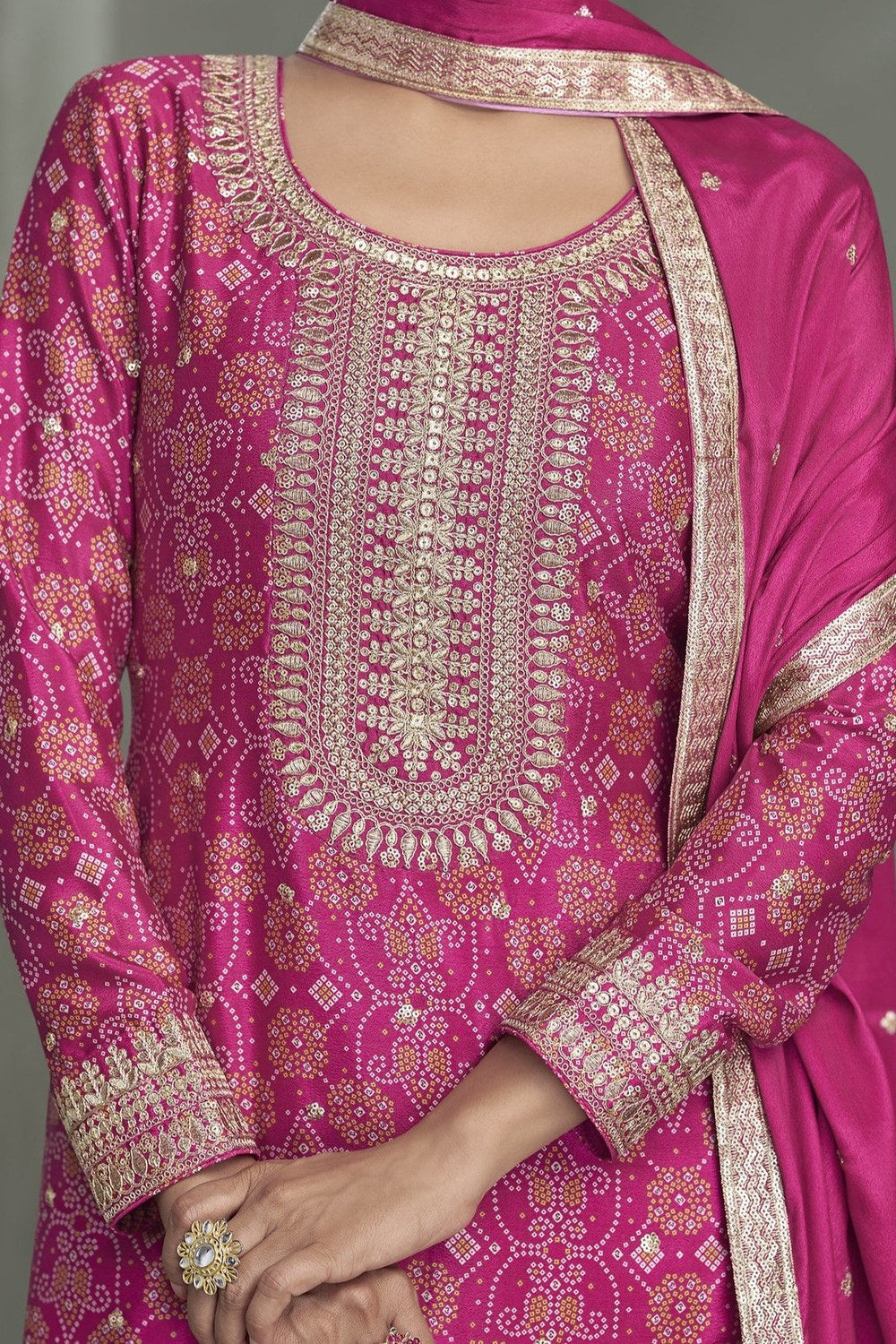 Pink Chinon Silk Plazo Suit For Mehndi For Indian & Pakistani Wedding Festival - Print Work, Embroidery Work - hem and footwear detail