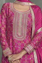 Pink Chinon Silk Plazo Suit For Mehndi For Indian & Pakistani Wedding Festival - Print Work, Embroidery Work - hem and footwear detail
