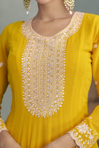 Yellow Georgette Anarkali Suit For Indian & Pakistani Wedding Festival - Embroidery Work - hem and footwear detail