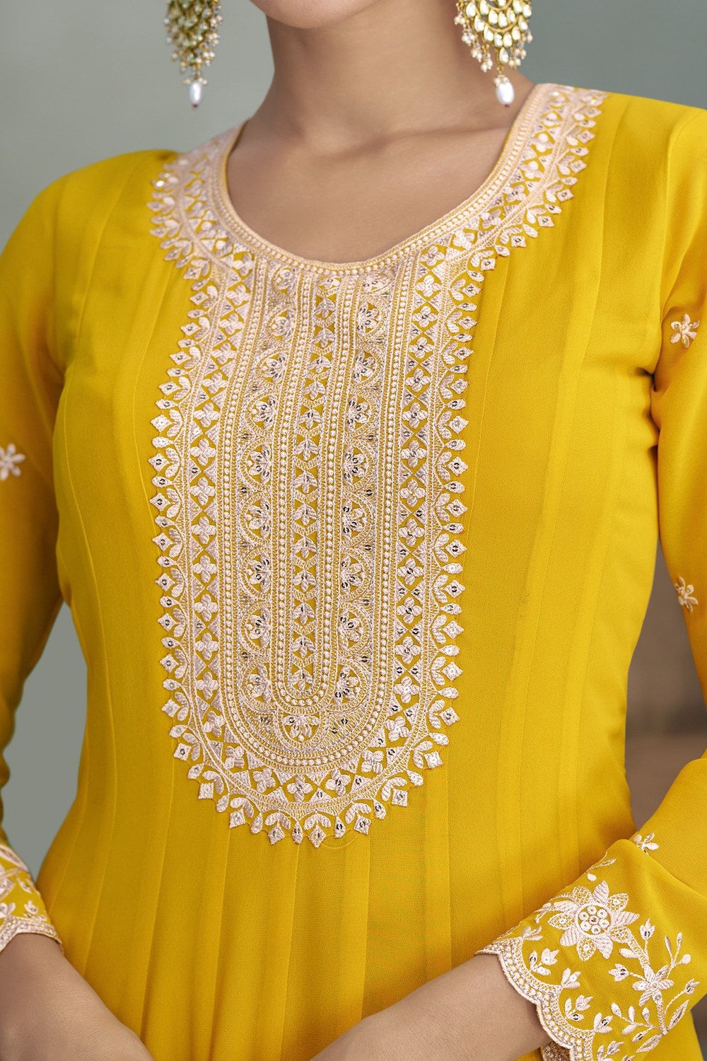 Yellow Georgette Anarkali Suit For Indian & Pakistani Wedding Festival - Embroidery Work - hem and footwear detail