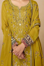 Yellow Chinon Silk Plazo Suit For Indian & Pakistani Wedding Festival - Sequins & Thread Embroidery Work, Real Mirror Work - hem and footwear detail