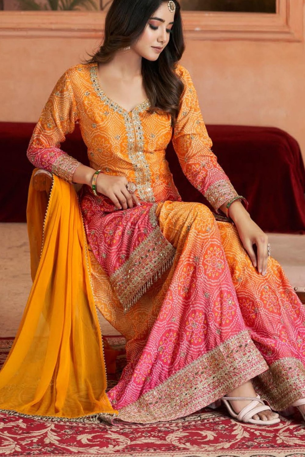 Orange Dual Color Chinon Silk Bandhani Style Pattern Palazzo Suit with Chiffon Dupatta For Indian Festivals & Weddings - Sequence Embroidery Work, Mirror Work, Print Work - hem and footwear detail