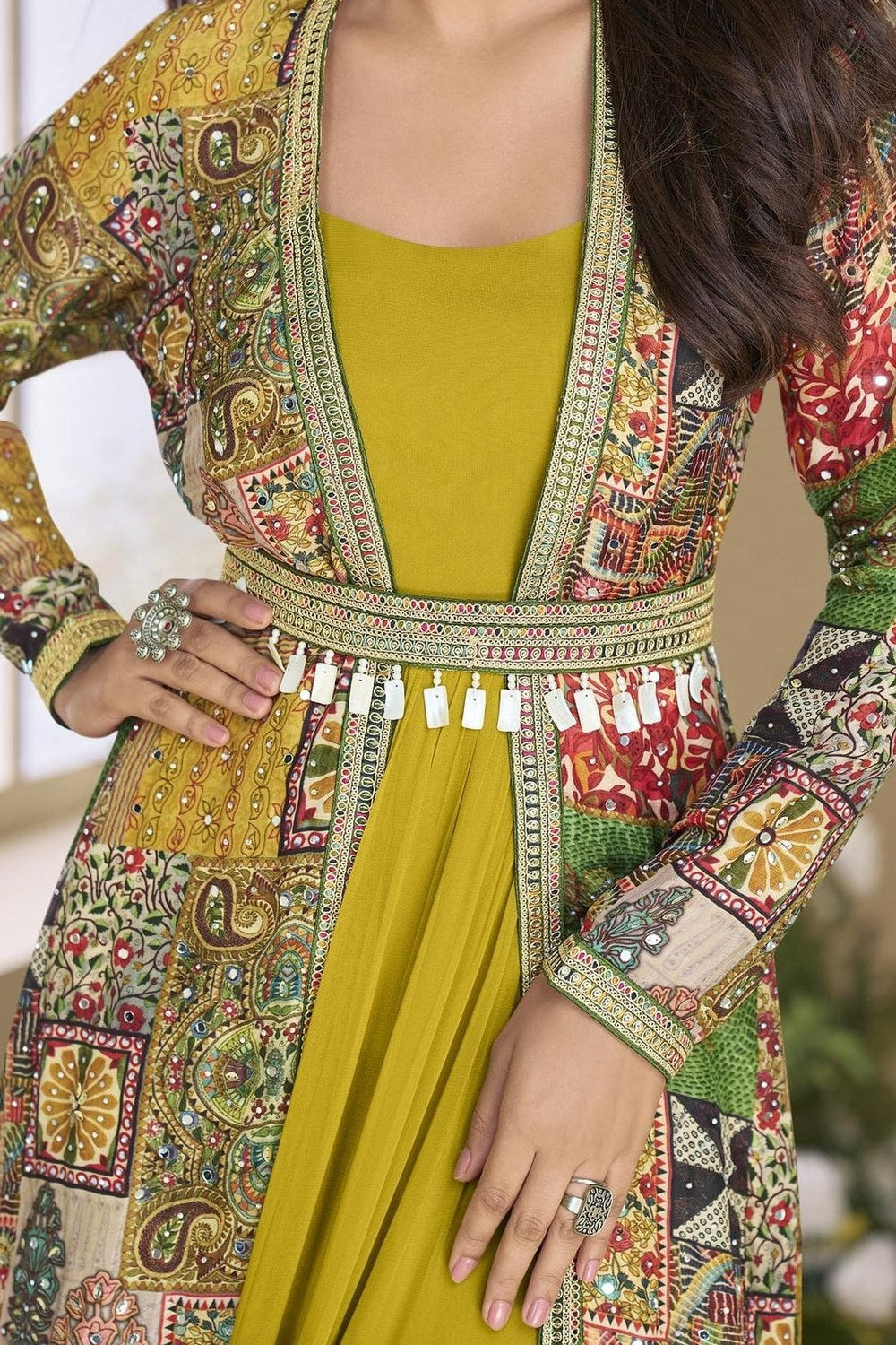 Olive Georgette Anarkali Suit With Long Jacket For Indian & Pakistani Wedding Festival - Thread Embroidery Work, Print Work - hem and footwear detail