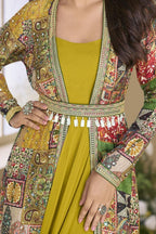 Olive Georgette Anarkali Suit With Long Jacket For Indian & Pakistani Wedding Festival - Thread Embroidery Work, Print Work - hem and footwear detail