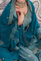 Teal Chinon Silk Indian Palazzo Trousers for Mehndi - Thread & Sequence Embroidery Work - hem and footwear detail