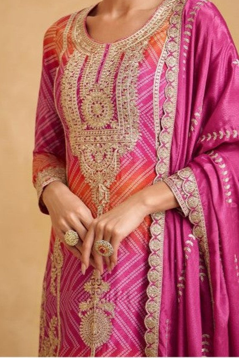 Pink Chinon Silk Bandhani Palazzo Suits with Bandhni Print & Embroidery Work - hem and footwear detail