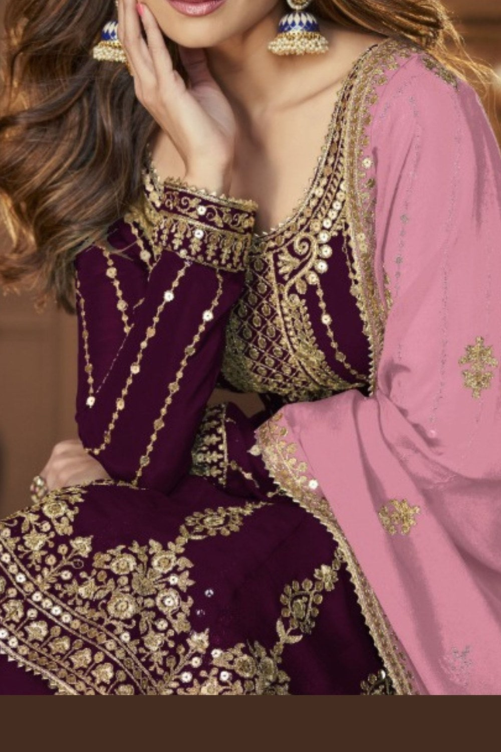 Dark Purple Georgette Kameez with Skirt Suit For Indian Wedding & Festival - Sequence Embroidery Work - hem and footwear detail