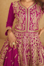 Magenta Chinon Silk Kameez With Skirt For Indian & Pakistani Wedding Festival - Embroidery Work, Real Mirror Work - hem and footwear detail