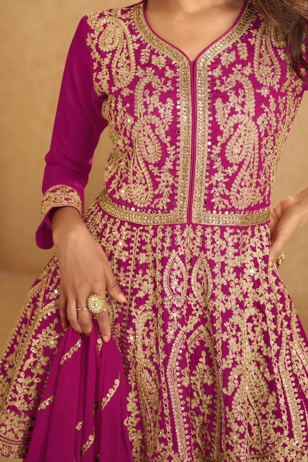 Magenta Chinon Silk Kameez With Skirt For Indian & Pakistani Wedding Festival - Embroidery Work, Real Mirror Work - hem and footwear detail