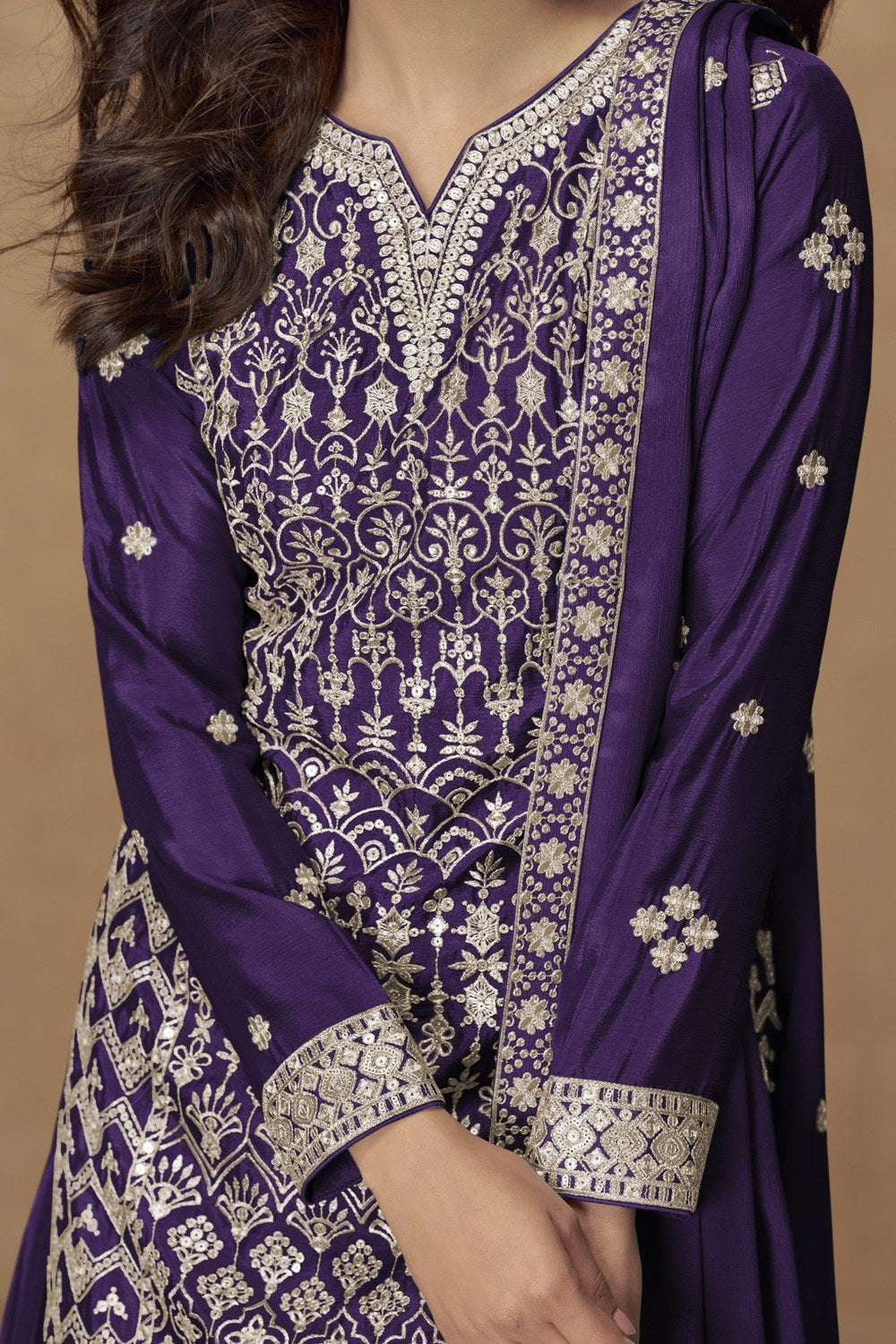 Purple Chinon Silk Kameez With Plazzo Suit For Indian & Pakistani Wedding Festival - Thread & Sequence Embroidery - hem and footwear detail