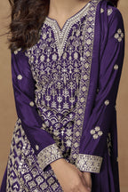 Purple Chinon Silk Kameez With Plazzo Suit For Indian & Pakistani Wedding Festival - Thread & Sequence Embroidery - hem and footwear detail