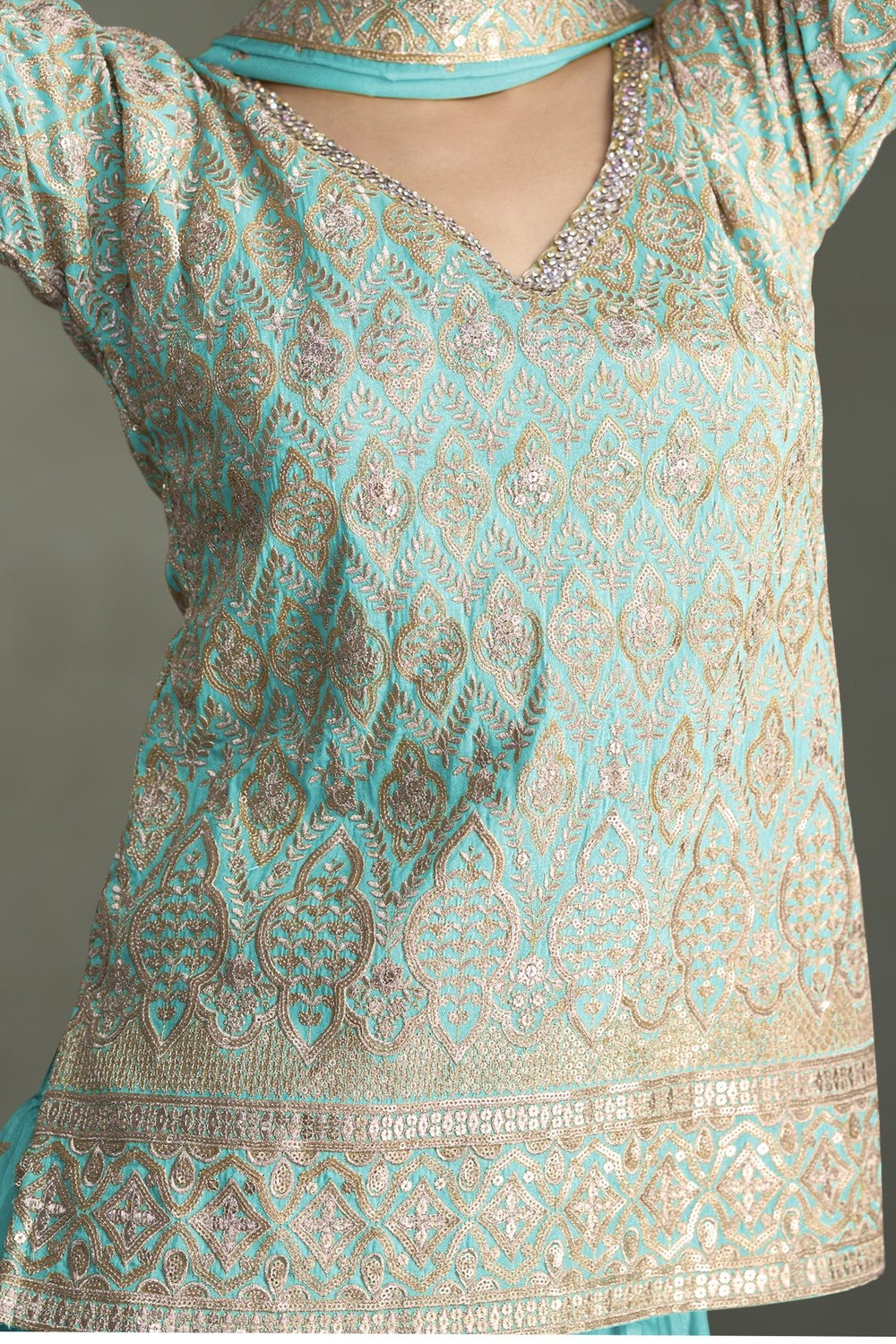 Turquoise Simmer Silk Plazo Suit Design for Wedding with Sequins Work - hem and footwear detail