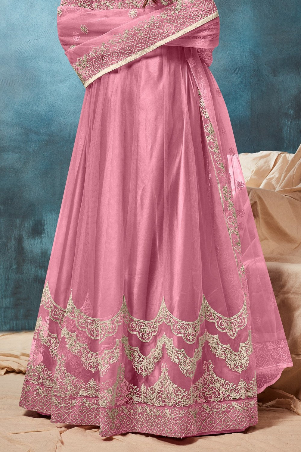 Pink Net Dori Embroidery Anarkali from our Indian Dresses for Women Collection - hem and footwear detail