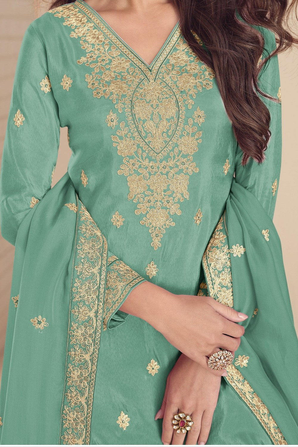 Turquoise Simmer Silk Embroidery Palazzo Suits for Women - hem and footwear detail