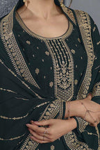 Dark Green Jacquard Silk Kameez With Pant For Wedding & Festival - Embroidery Work - hem and footwear detail