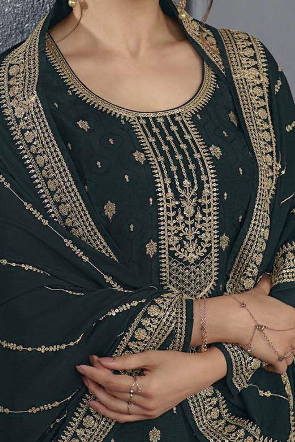 Dark Green Jacquard Silk Kameez With Pant For Wedding & Festival - Embroidery Work - hem and footwear detail