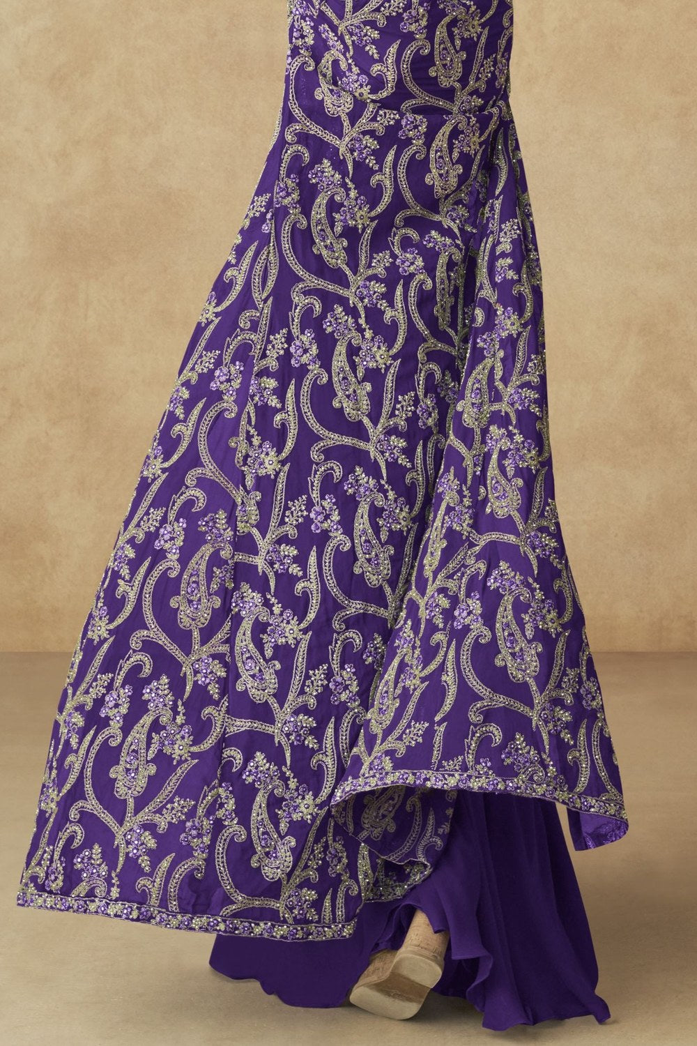 Purple Georgette Palazzo with Choli & Jacket For Wedding & Indian Festival - Embroidery Work - hem and footwear detail