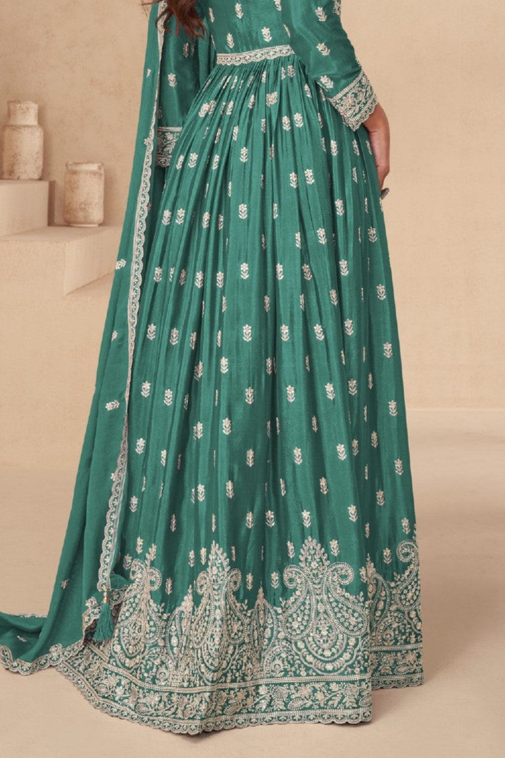 Green Chinon Silk Anarkali Suit With Skirt For Indian & Pakistani Wedding Festival - Thread Embroidery Work - hem and footwear detail