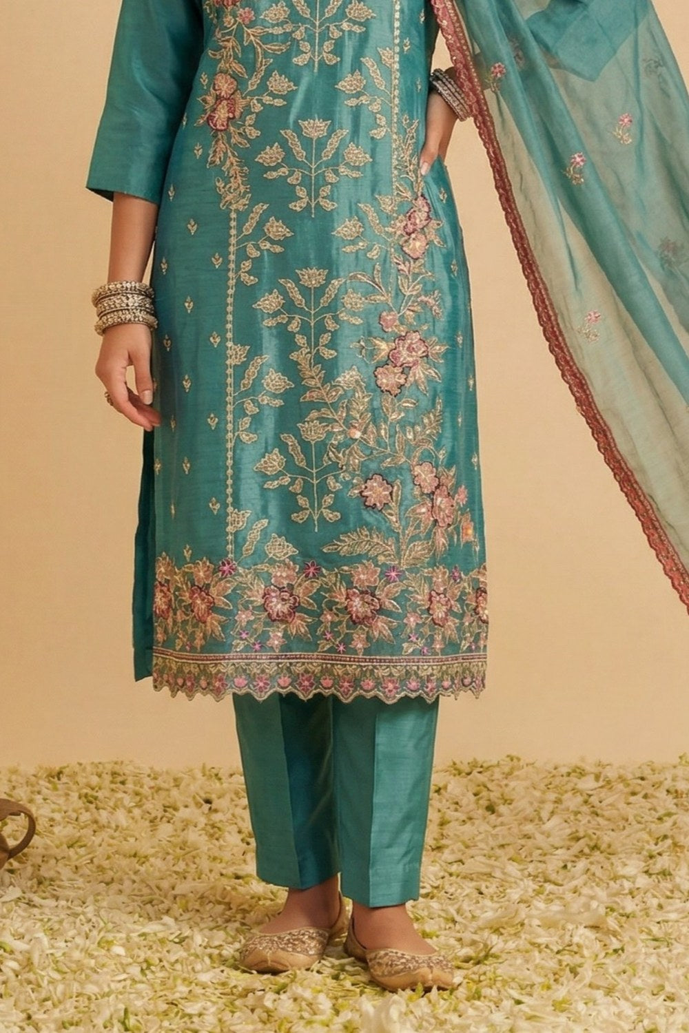 Teal Shimmer Silk Women's Straight Pant Suit with Embroidery Work - hem and footwear detail