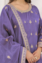Purple Embroidered Indian Suit in Simmer Silk Palazzo - hem and footwear detail