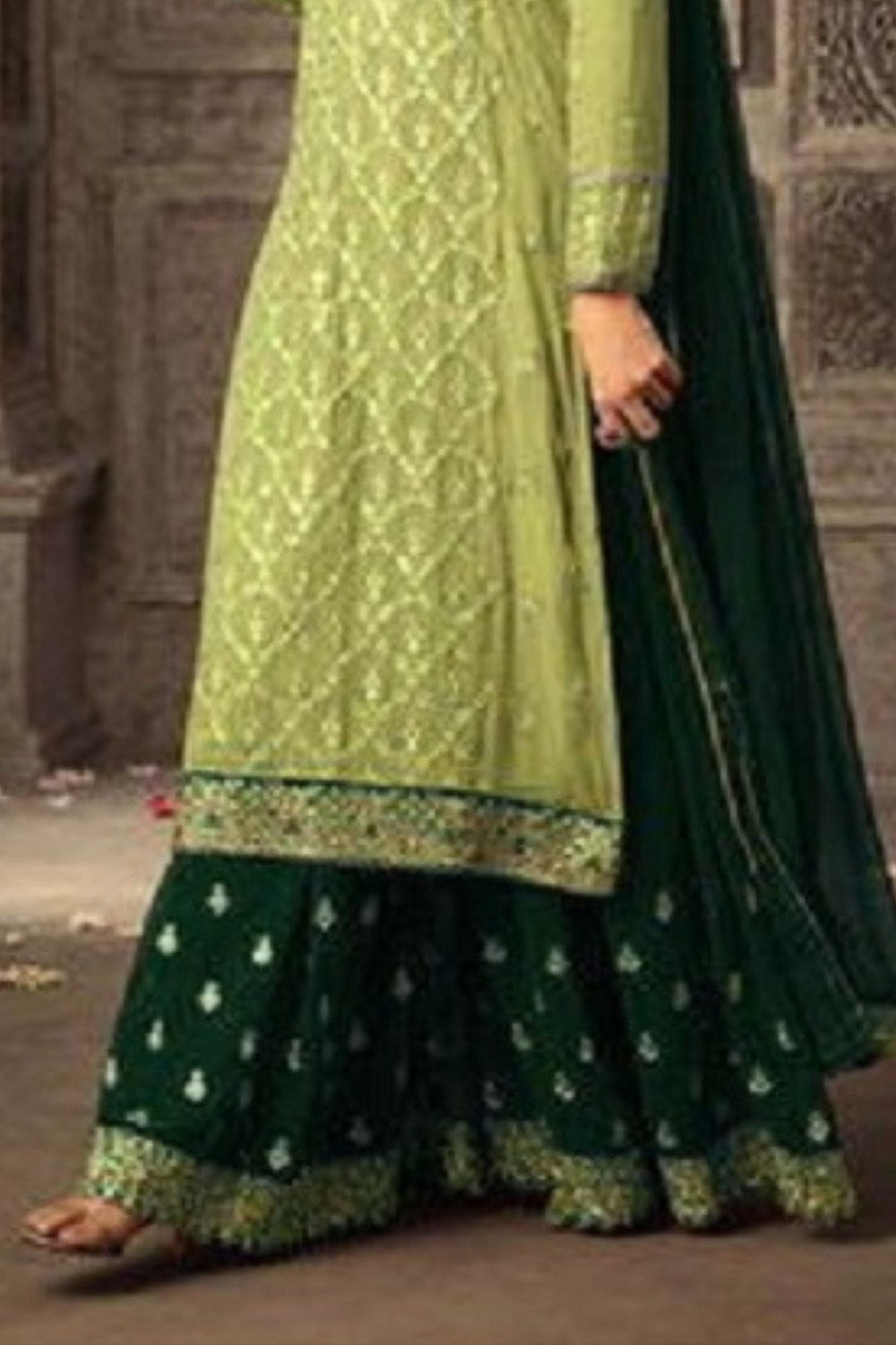 Parrot Green Georgette Plazo Suit For Wedding & Festival - Thread Embroidery Work 1250 - hem and footwear detail