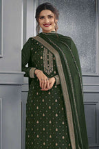 Dark Olive Jacquard Silk Kameez With Pant For Wedding & Festival - Embroidery Work - close-up view