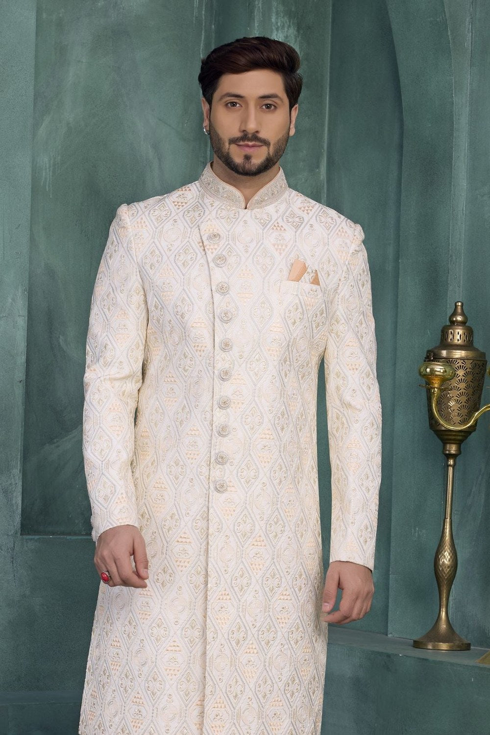 Cream Pink Thread Embroidery Kurta Set for Men & Pajama - close-up view