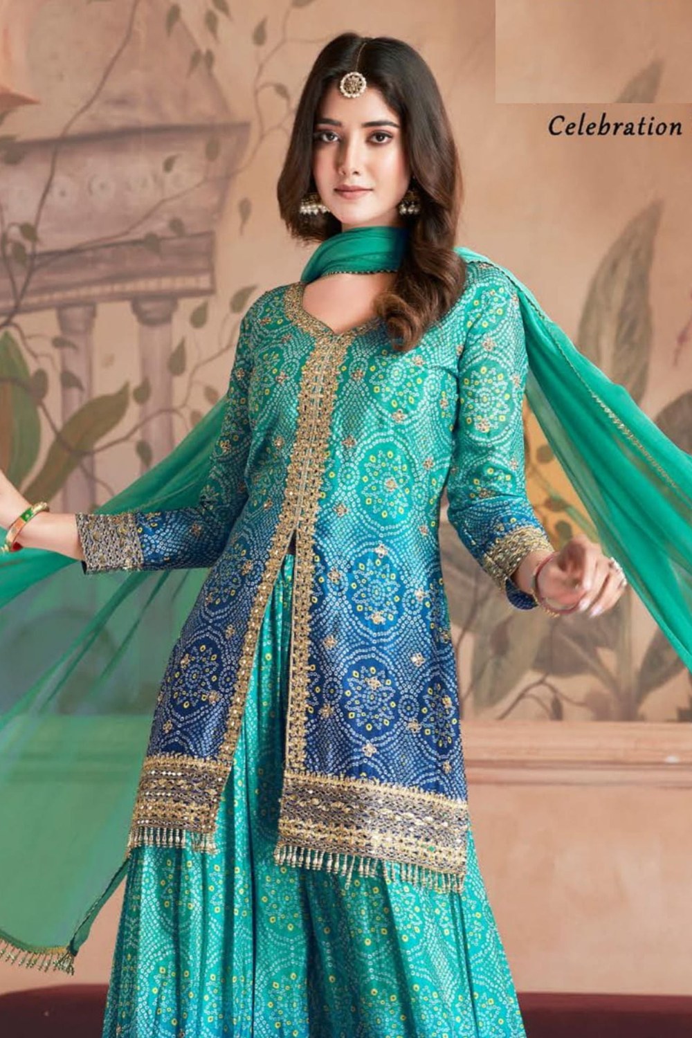 Teal Dual Color Chinon Silk Bandhani Style Pattern Palazzo Suit with Chiffon Dupatta For Indian Festivals & Weddings - Sequence Embroidery Work, Mirror Work, Print Work - close-up view