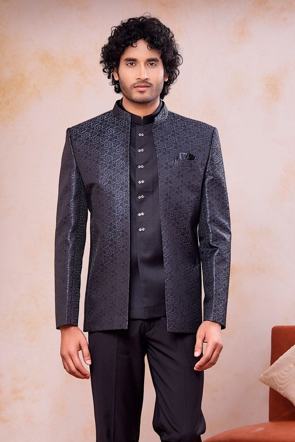 Black Grey 3 Piece Jodhpuri, Pant & Jacket Set - Mens Indian Wedding Attire - close-up view