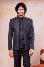 Black Grey 3 Piece Jodhpuri, Pant & Jacket Set - Mens Indian Wedding Attire - close-up view