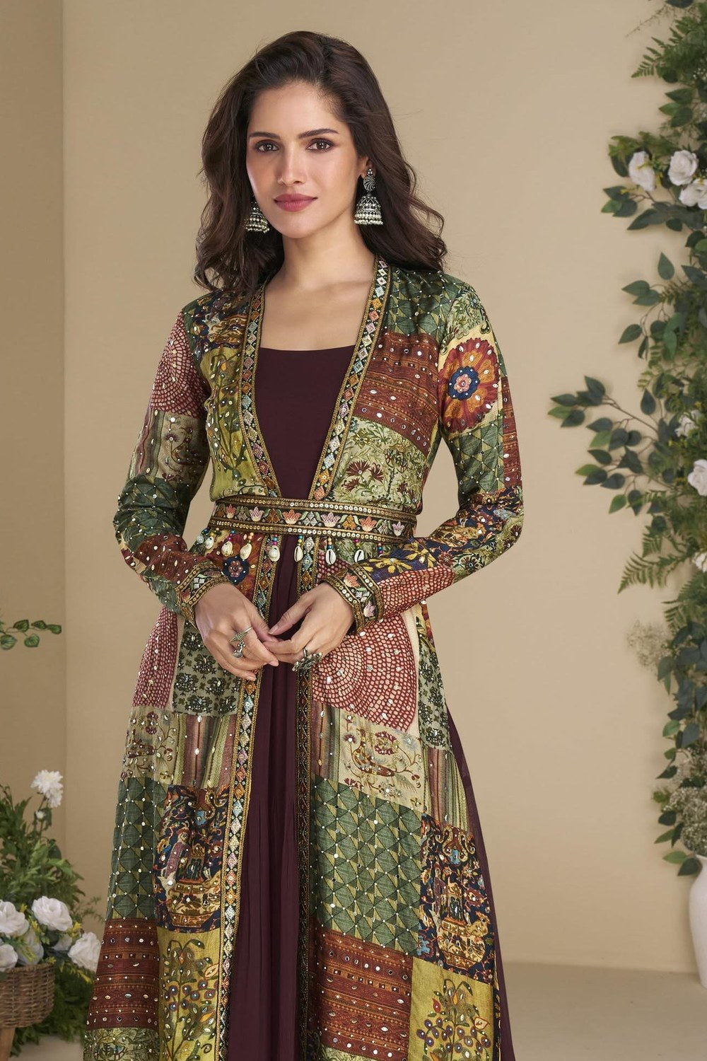 Maroon Georgette Anarkali Suit With Long Jacket For Indian & Pakistani Wedding Festival - Thread Embroidery Work, Print Work - close-up view