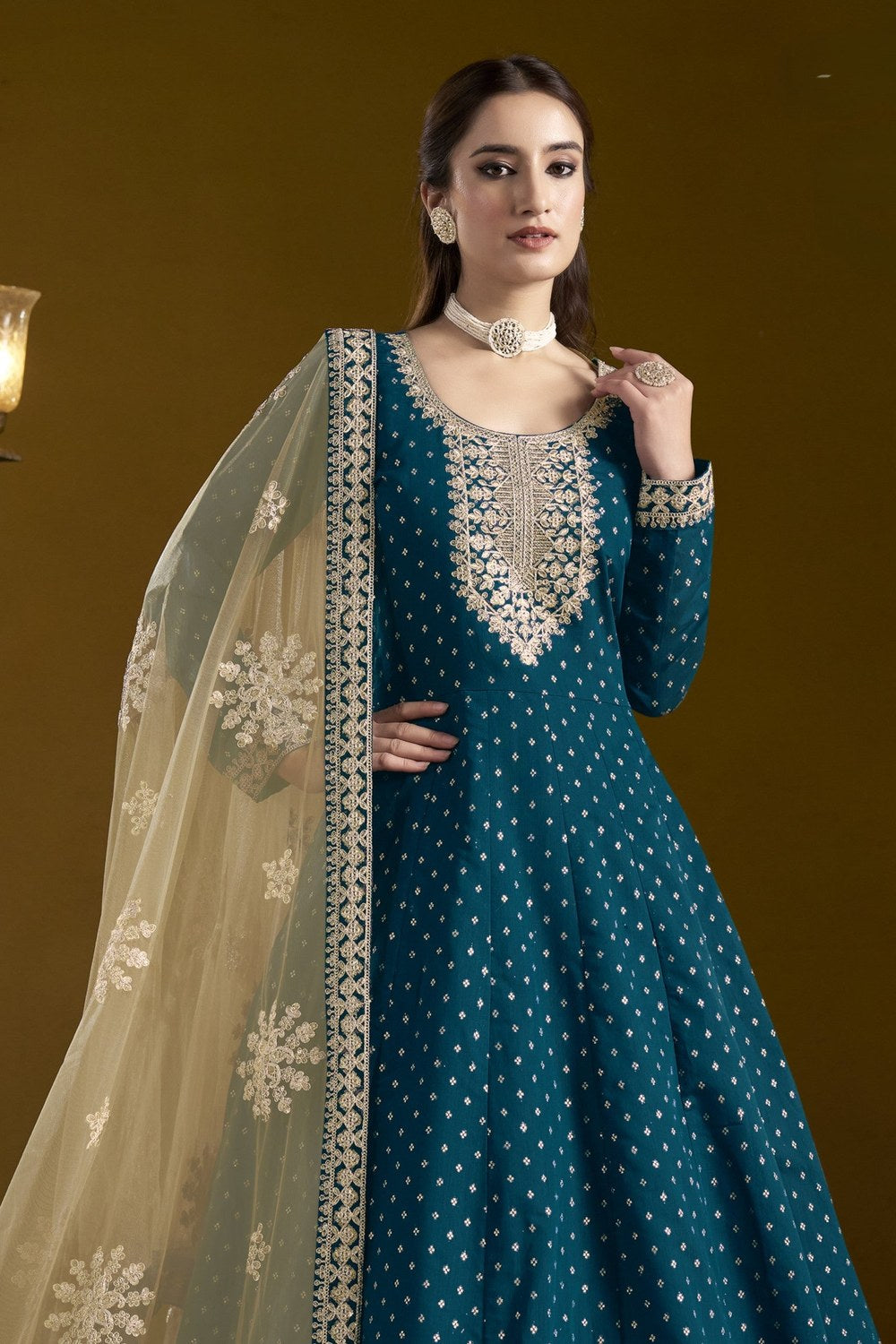Peacock Blue Chanderi Silk Anarkali Dress for Reception with Sequins and Dori Work - close-up view