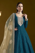 Peacock Blue Chanderi Silk Anarkali Dress for Reception with Sequins and Dori Work - close-up view