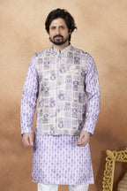Purple Mens Indian Wedding Attire - Kurta Pajama Waistcoat Set - close-up view