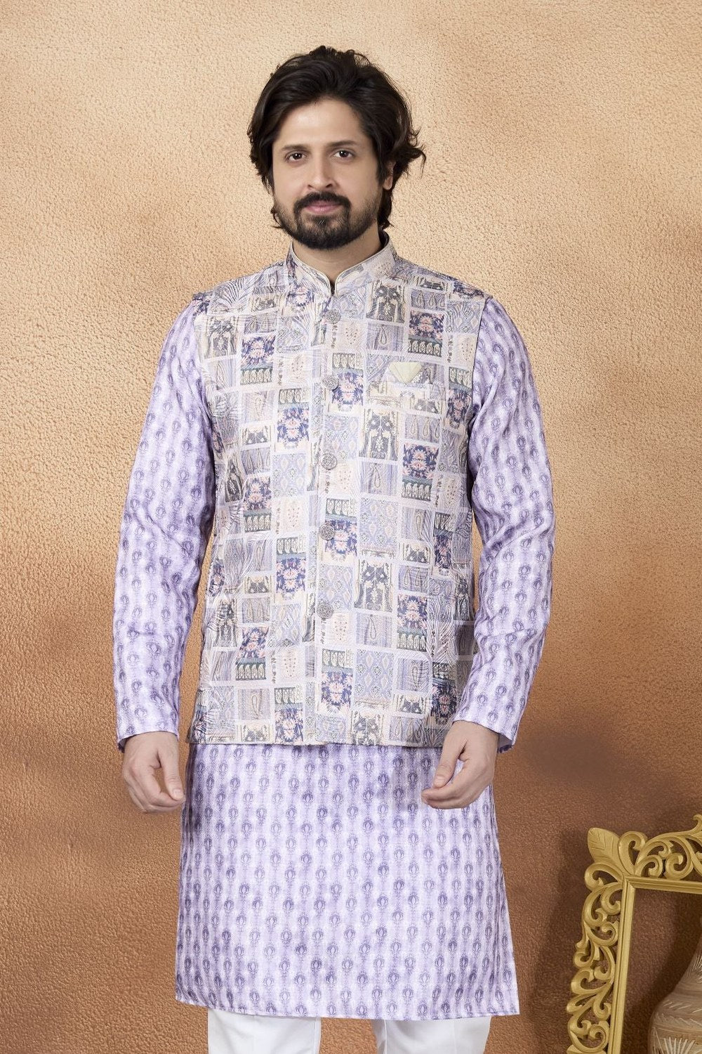 Purple Mens Indian Wedding Attire - Kurta Pajama Waistcoat Set - close-up view