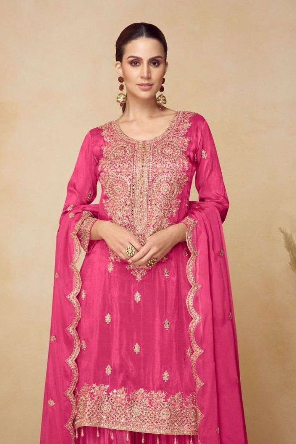 Pink Chinon Silk Plazo Suit For Indian & Pakistani Wedding Festival - Sequins & Thread Embroidery Work, Real Mirror Work - close-up view