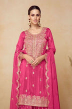 Pink Chinon Silk Plazo Suit For Indian & Pakistani Wedding Festival - Sequins & Thread Embroidery Work, Real Mirror Work - close-up view
