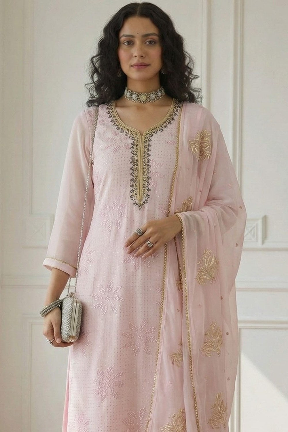 Light Pink Kameez With Pant Wedding Festival in Georgette with Sequins & Thread, Khatli Work RTS - close-up view
