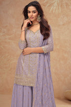 Light Dusty Blue Chinon Silk Plazo Suit For Indian Weddings & Pakitani Festival - Embroidery Work - close-up view