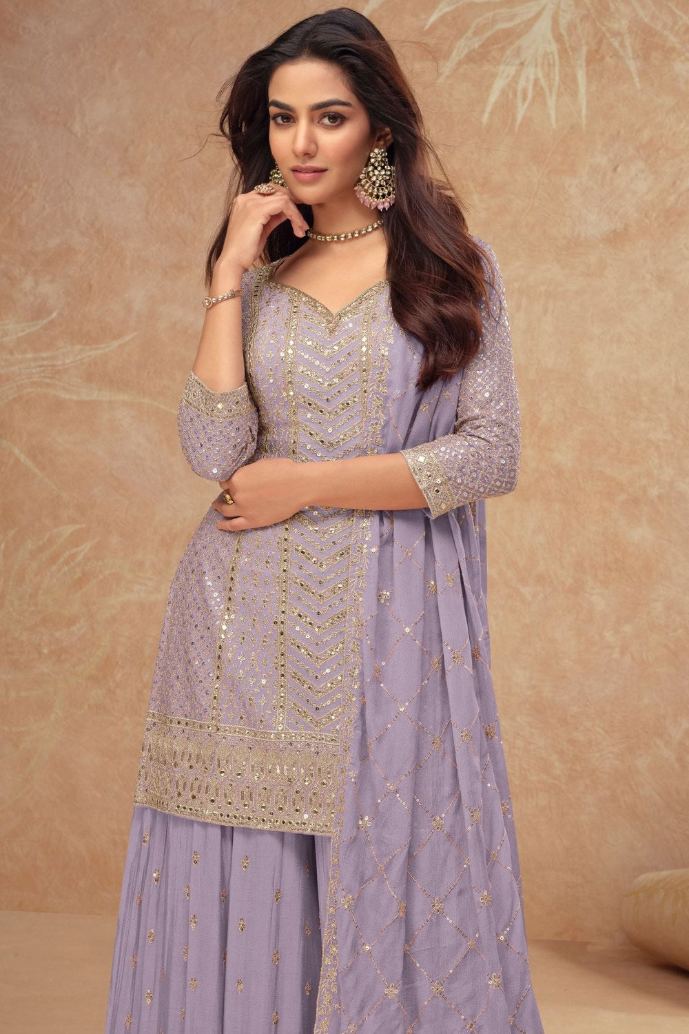Light Dusty Blue Chinon Silk Plazo Suit For Indian Weddings & Pakitani Festival - Embroidery Work - close-up view
