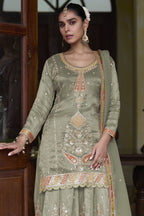 Pista Green Simmer Silk Kameez with Skirt Suit For Indian & Pakistani Wedding Festival - Thread & Sequins Embroidery Work - close-up view